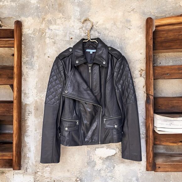 Antonio Melani Black Leather Moto Cropped Biker Motorcycle Jacket Women's Small - Picture 2 of 9